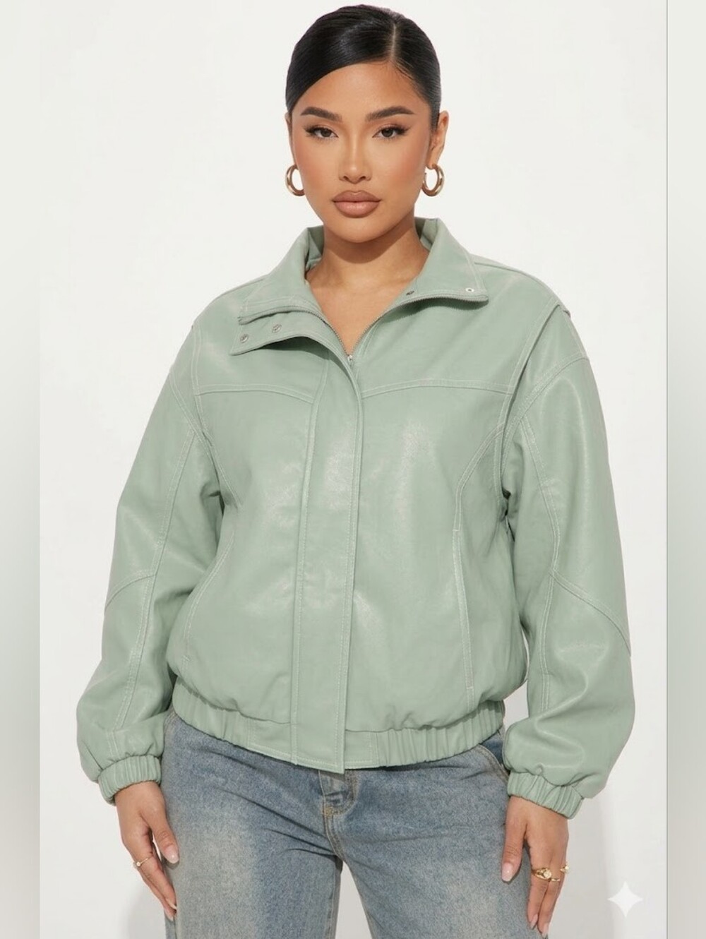New + Tag FashionNova Womens  Small Turquoise Bomber Patent Leather Jacket Coat